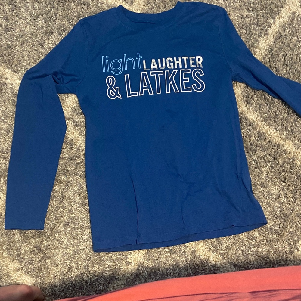 Kids Long Sleeve Blue Tee with Fun Print size Large